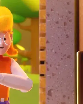 Una animación en 3D de un personaje femenino con cabello amarillo y peinado con volumen.
