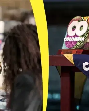 Dos imágenes en un banner, en la izquierda una mujer exponiendo y en la derecha los premios de Colombia Co